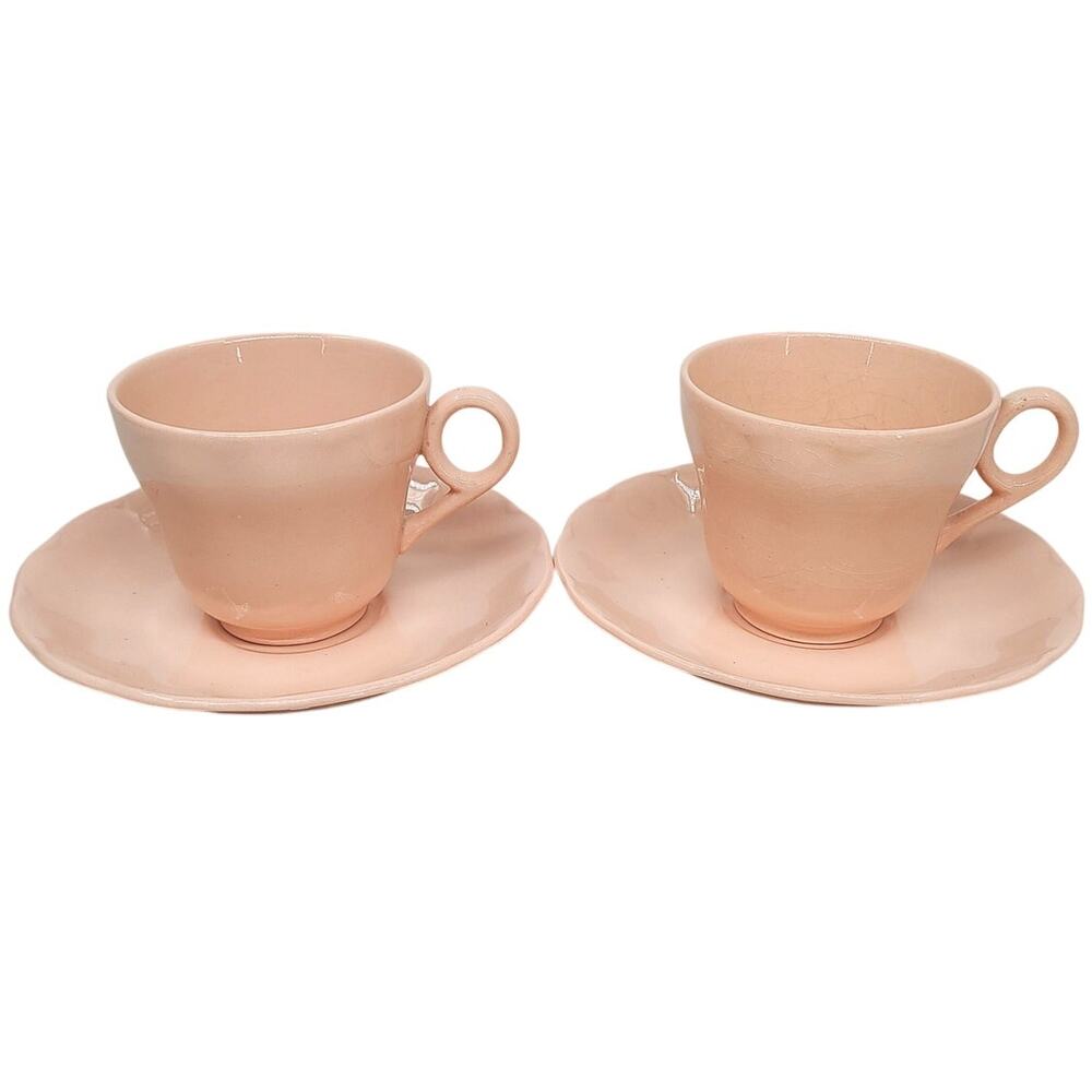 Grindley Peach Petal Pink Teacups Saucers Set‎ of 2 Vintage Wavy Rim China 1-5
